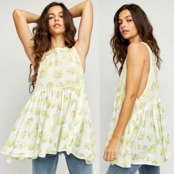 Free People Madison Floral Print Tunic Tank Top White Yellow Size Small XS - Picture 1 of 5